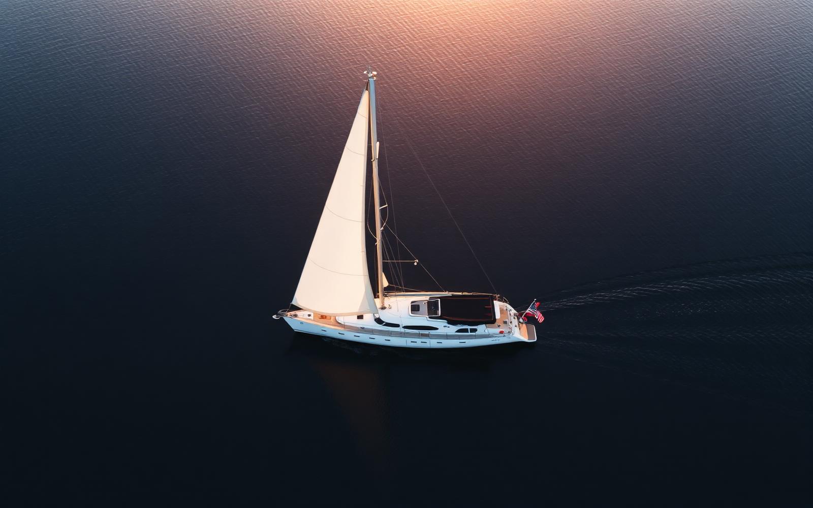 Sailing yacht at golden hour on calm navy water